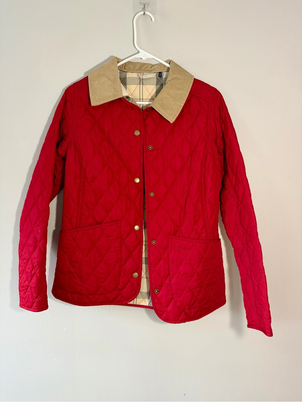 Barbour Red Quilted Puffer Jacket with Tan Corduroy Collar - NWOT - Picture 2 of 4